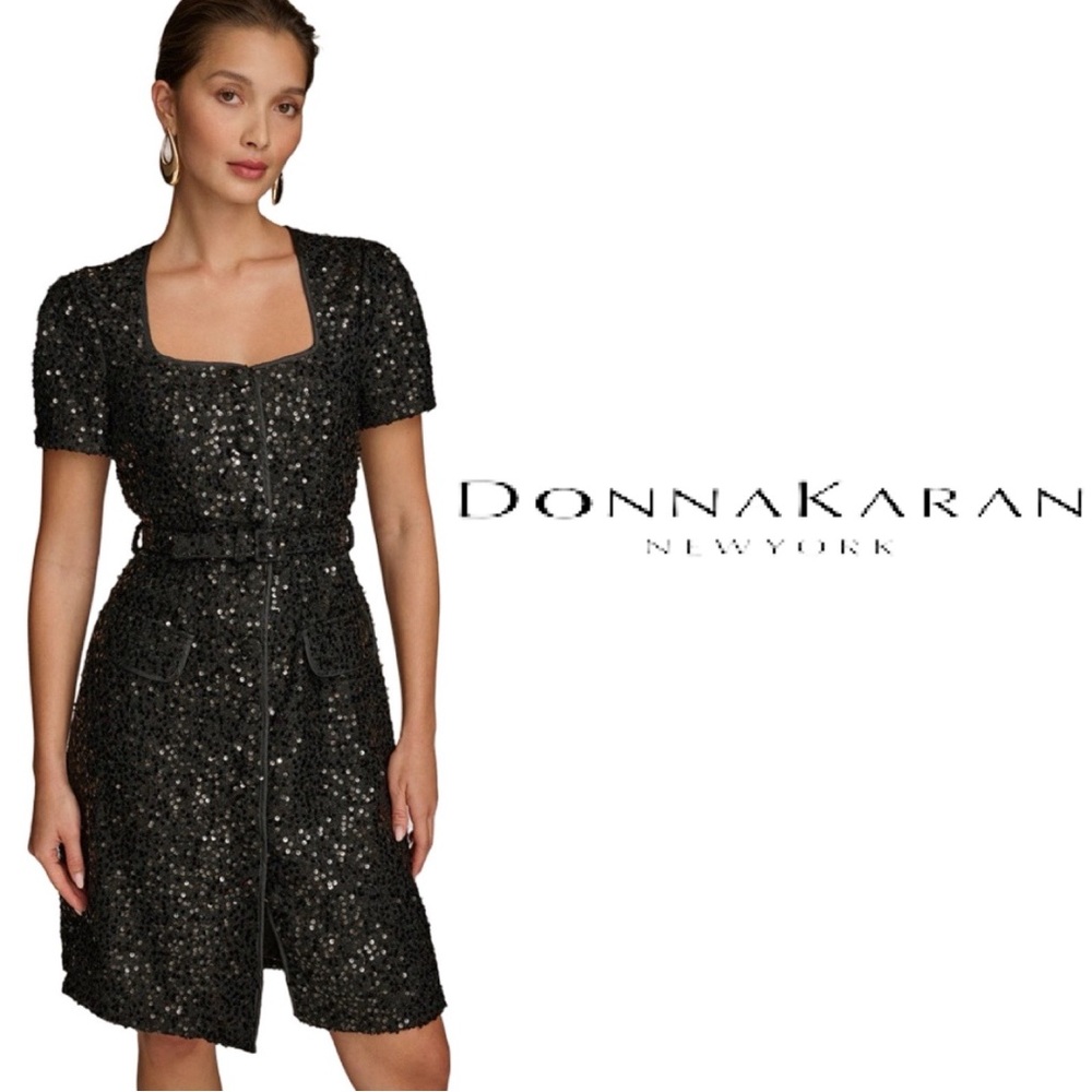 NWT $189 Donna Karan New York Black Sequin Belted Dress - Multiple Sizes